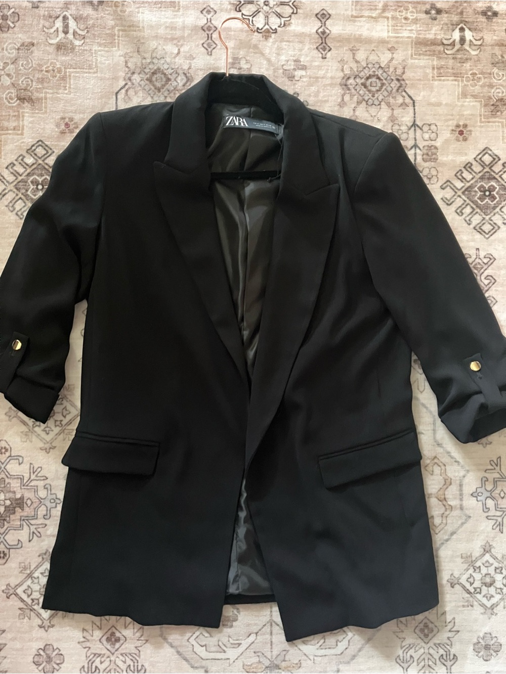 Zara Black Open-Front Blazer with Roll-Tab Sleeves